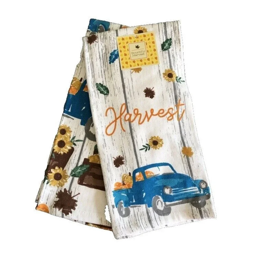 Blue Farm Truck Set of 2 Kitchen Dish Towels Pumpkins Harvest Fall Thanksgiving